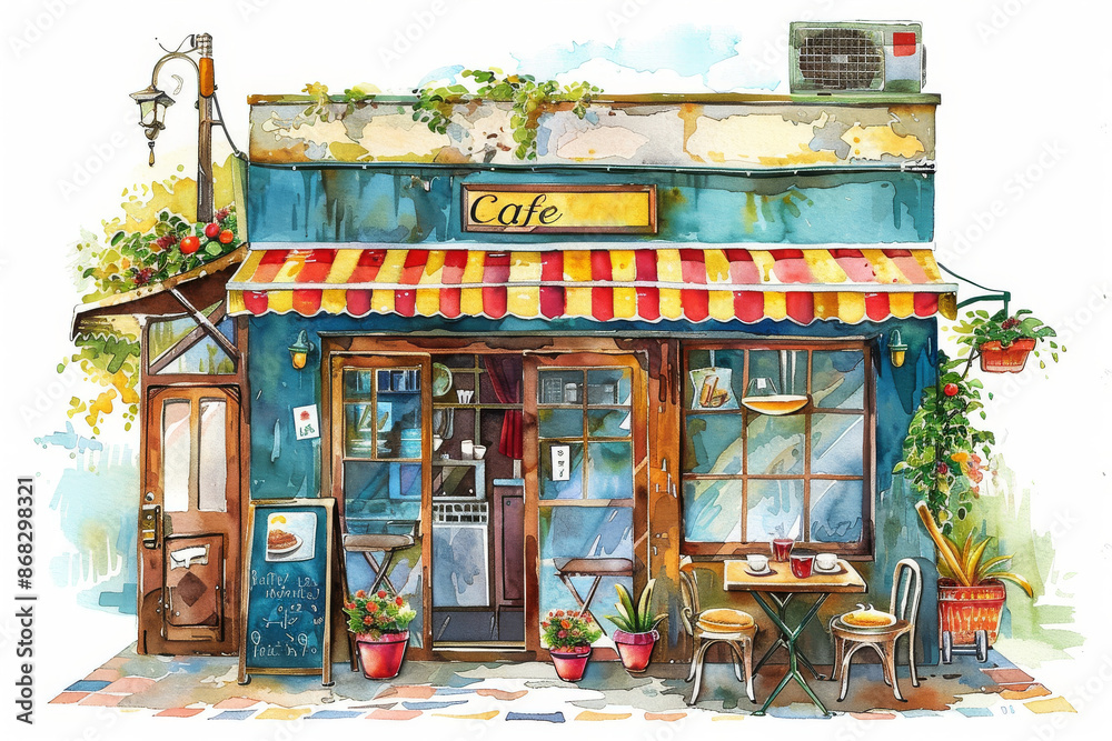 Watercolor illustration of a quaint cafe with striped awning and outdoor seating. Children's Book Illustration Watercolor illustration of a quaint cafe with striped awning and outdoor seating. Children's Book Illustration