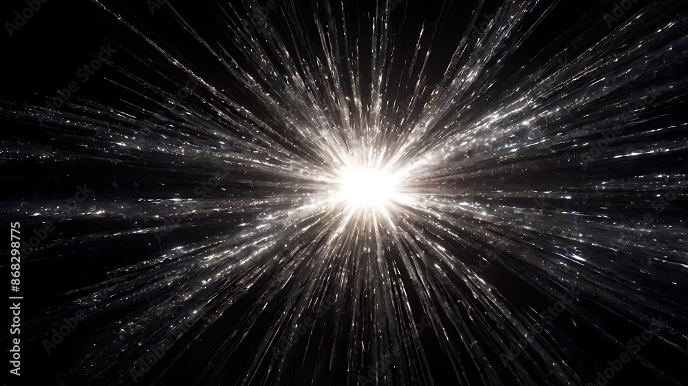 Obraz premium Bright explosion of silver and white lights with dark black background, abstract background wallpaper design