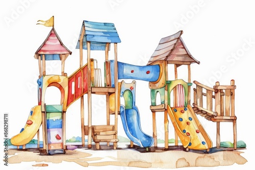 A watercolor illustration of a vibrant playground with multiple slides and climbing frames. Children's Book Illustration