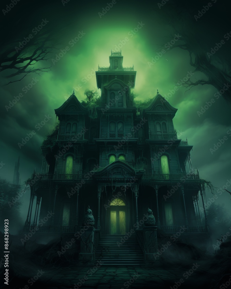 Fototapeta premium Haunted mansion with an eerie green glow, perfect for Halloween-themed imagery and spooky, mysterious scenes.