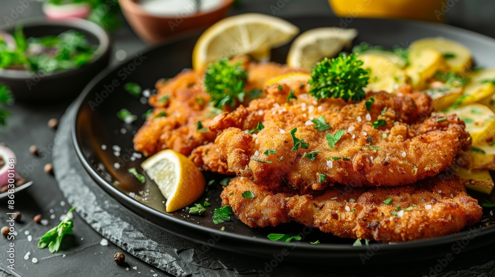 Classic Wiener Schnitzel : Traditional Wiener Schnitzel with a lemon wedge, parsley garnish. Classic Wiener Schnitzel : Traditional Wiener Schnitzel with a lemon wedge, parsley garnish.
