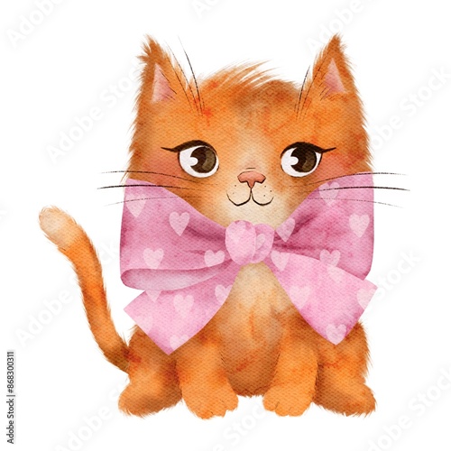 Иллюстрация без названия Watercolor illustration of a cuteorange cat with a big pink bow. Little funny kitten, fluffy red pet. Adorable animal. photo