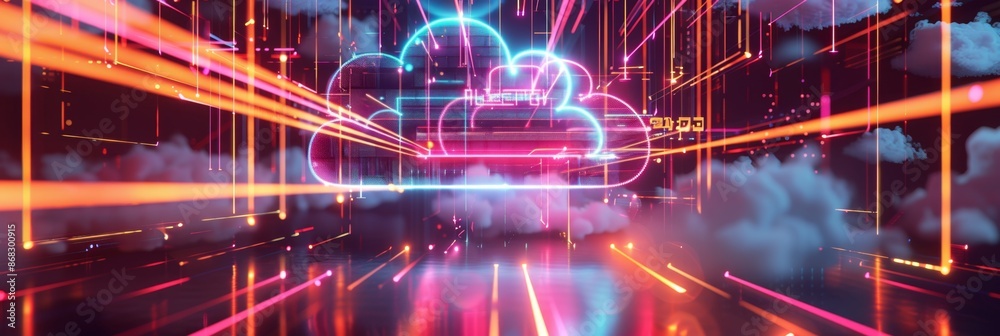 Obraz premium Cloud Computing, an abstract geometric pattern with neon lights and flowing lines, illustrating data storage and access