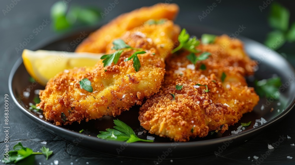 Wiener Schnitzel : A close-up shot of a perfectly breaded and crispy Wiener Schnitzel. Wiener Schnitzel : A close-up shot of a perfectly breaded and crispy Wiener Schnitzel.