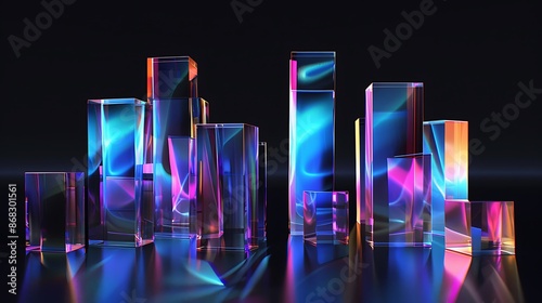 Abstract glass shape, dark background design, 3d render