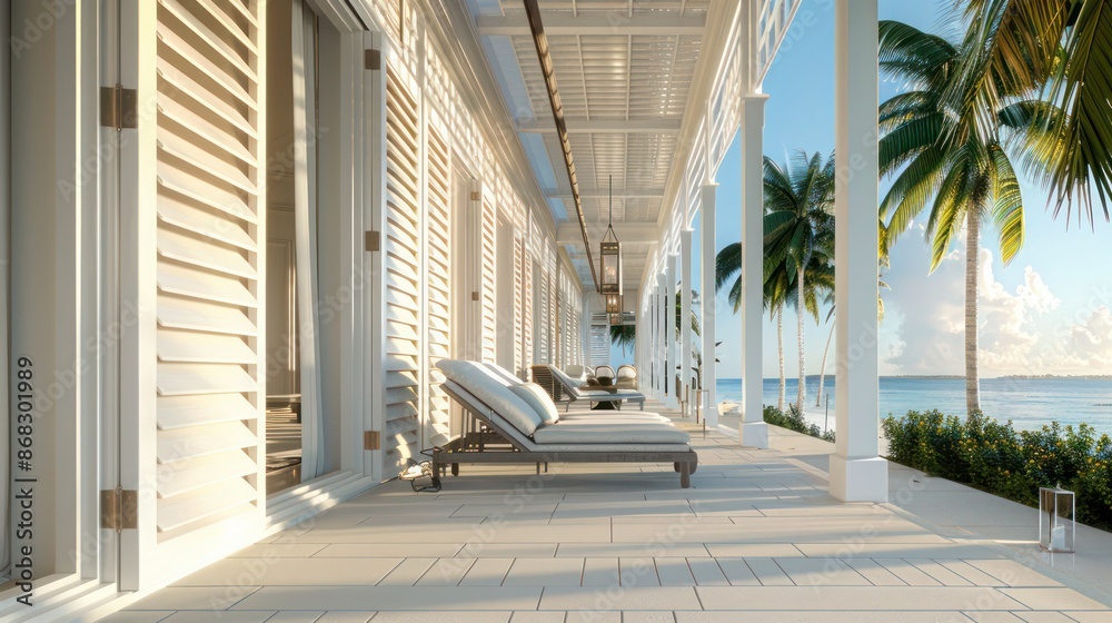 Fototapeta premium boutique hotel with elegantly detailed Bahama shutters, providing guests with a unique aesthetic experience
