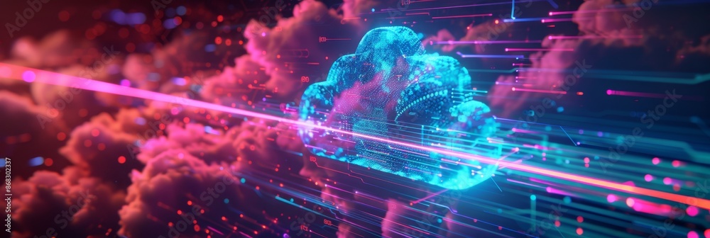 Cloud Computing, an abstract geometric background with holographic effects and cloud patterns, illustrating data synchronization Cloud Computing, an abstract geometric background with holographic effects and cloud patterns, illustrating data synchronization