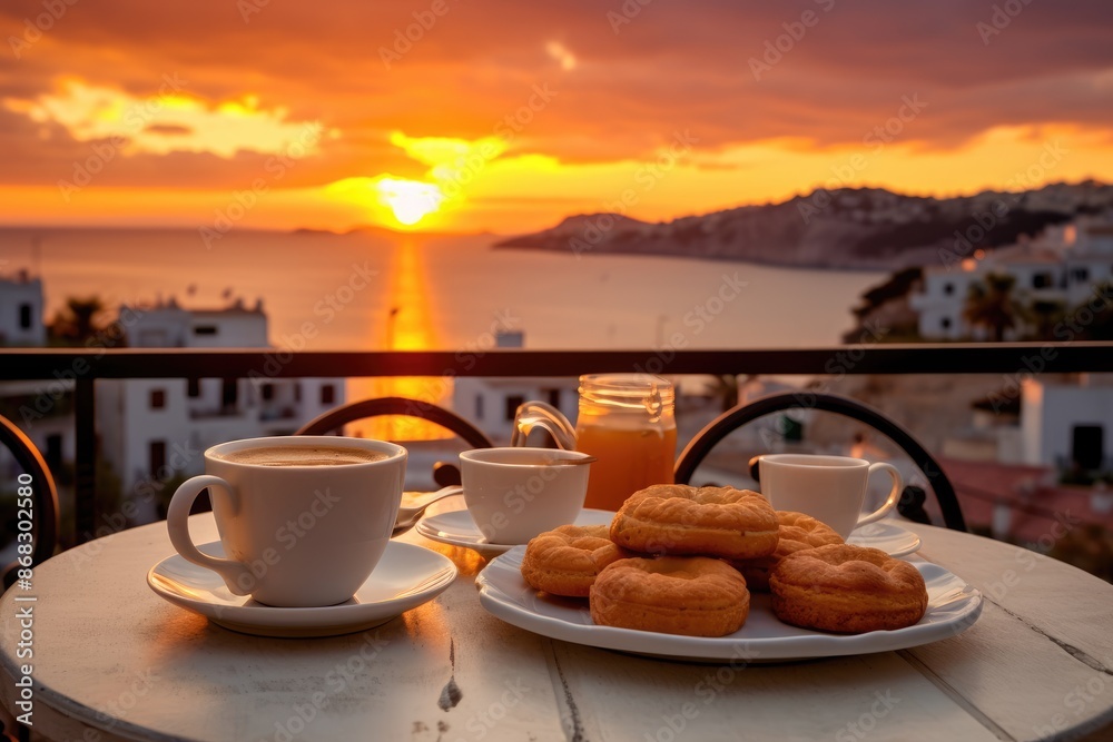 Greek Island Sunset: coffee and Greek pastries on a terrace overlooking a sunset on a Greek island. Greek Island Sunset: coffee and Greek pastries on a terrace overlooking a sunset on a Greek island.