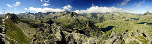 Panoramic view of mountains seen from the Pic de Travessani summit (Boí Valley, Catalonia, Spain, Pyrenees)