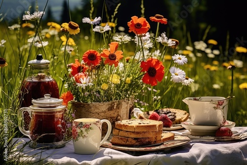 Wallpaper Mural Wildflower Meadow Picnic: Iced tea and assorted pastries in a meadow filled with colorful wildflowers. Torontodigital.ca