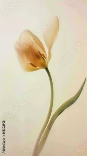 muted blurry tulip with leaf, light gold lens, artistic flower wallpaper
