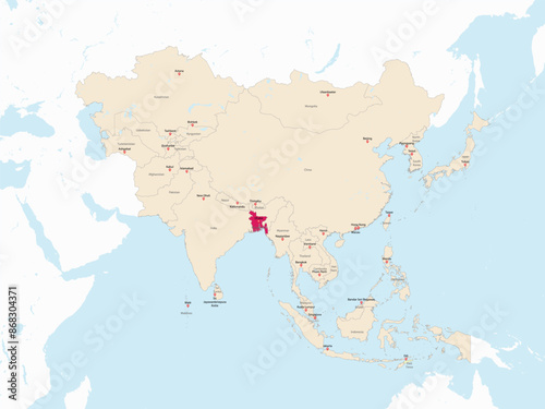 Highlighted red map of BANGLADESH inside light red detailed political map of Asia using orthographic projection on white and blue background
