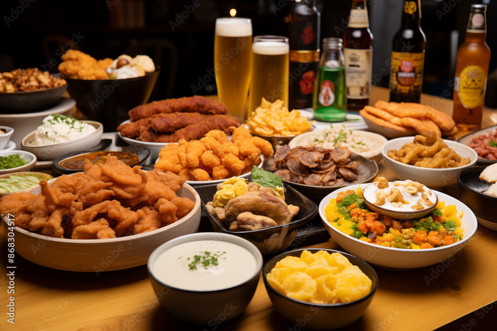 Close up table with izakya dishes various snacks and beverages bottle glass of beer on wooden table Close up table with izakya dishes various snacks and beverages bottle glass of beer on wooden table