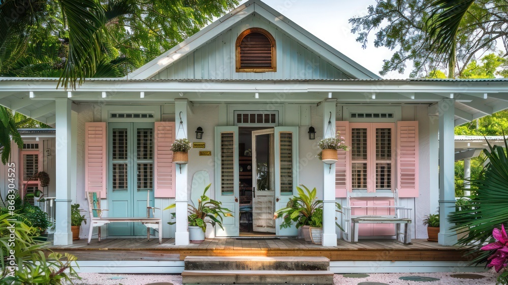 Fototapeta premium charming bed and breakfast with pastel pink Bahama shutters, enhancing its welcoming facade