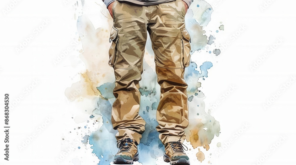Cargo pants, functional and stylish, white background, Watercolor style Cargo pants, functional and stylish, white background, Watercolor style