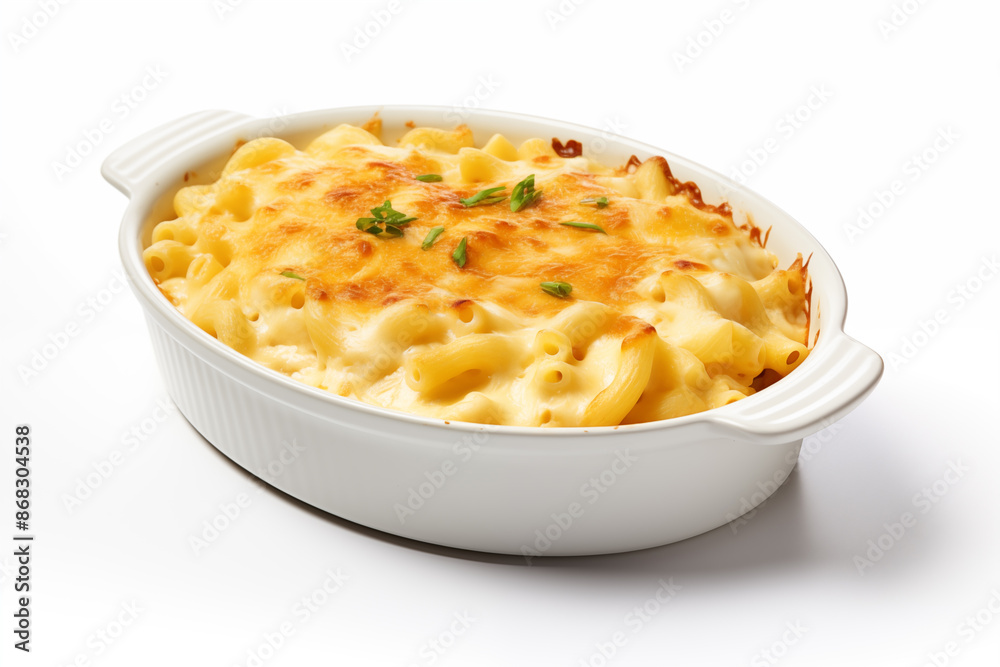 Creamy baked mac and cheese in white bowl closed up on white background Creamy baked mac and cheese in white bowl closed up on white background