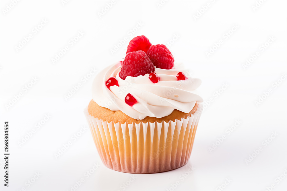 Cupcake with white frosting and fresh raspberries side view isolated on a white background Cupcake with white frosting and fresh raspberries side view isolated on a white background