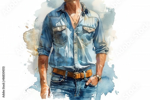 Buttondown shirt and jeans, classic and stylish, white background, Watercolor style photo