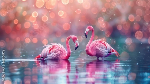 Two pink flamingos standing in a lake with a blurred background of pink and blue.