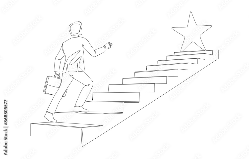 Continuous one line drawing of businessman walking up stair to reach star, ambition to achieve career success, commitment to being outstanding employee concept, single line art.
Continuous one line drawing of businessman walking up stair to reach star, ambition to achieve career success, commitment to being outstanding employee concept, single line art.