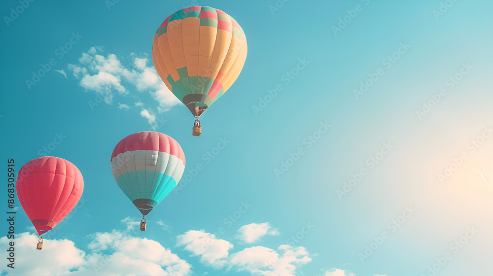 Naklejka premium Colorful aerostats flying high in sky above clouds, Colorful balloons floating against a clear blue sky, Awe-Inspiring Hot Air Balloons Soaring amidst the Azure Sky 
