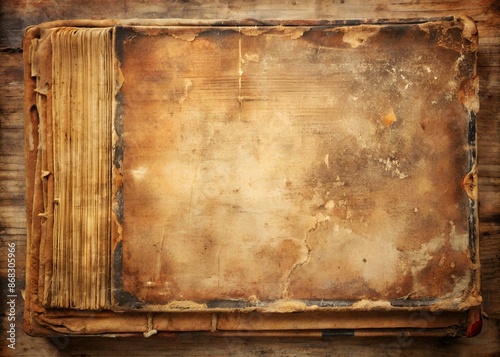 Aged and worn vintage background featuring a distressed old book paper texture with scratches, creases, and faded imperfections, exuding a sense of nostalgia. photo