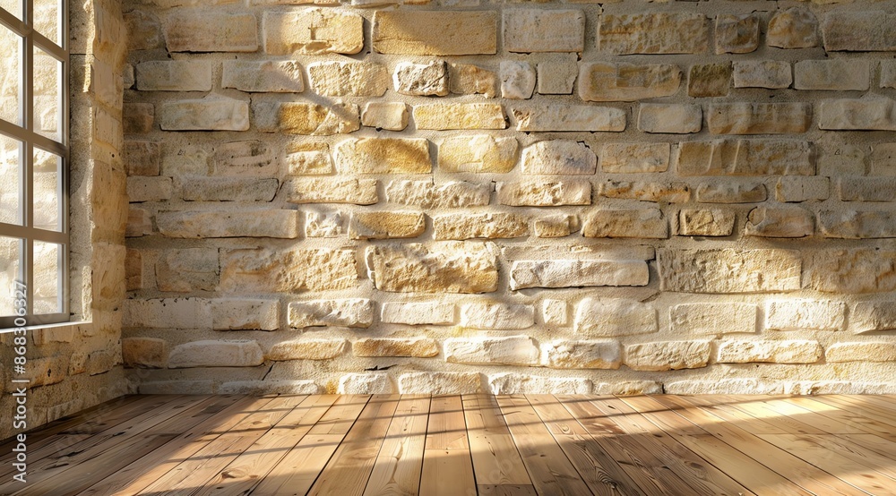 Empty Wall with Light Brown Stone Bricks and Wooden Floor Empty Wall with Light Brown Stone Bricks and Wooden Floor