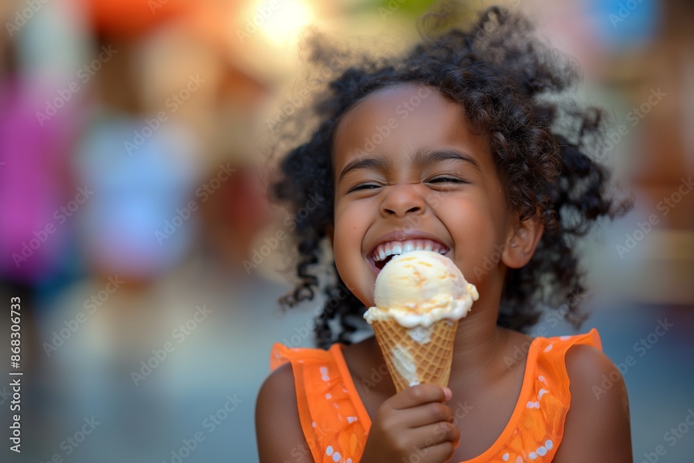 A young girl is holding an ice cream cone and smiling. Concept of happiness and enjoyment, as the girl is having a fun time eating her ice cream A young girl is holding an ice cream cone and smiling. Concept of happiness and enjoyment, as the girl is having a fun time eating her ice cream