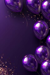 Purple balloons with gold glitter on a purple background. The balloons are floating and the glitter adds a sparkly effect. Concept of celebration and joy