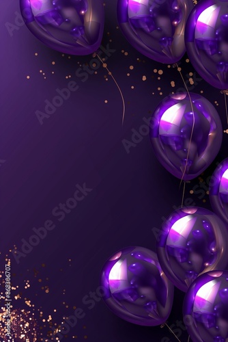 Purple balloons with gold glitter on a purple background. The balloons are floating and the glitter adds a sparkly effect. Concept of celebration and joy