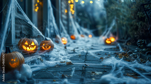 A spooky trail of spider webs leading to hidden treats. Halloween, halloween theme photo