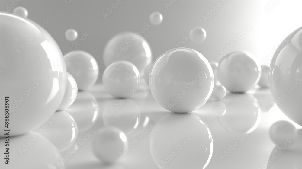 A bunch of white spheres are scattered across a white background. The spheres are all different sizes and are arranged in a way that creates a sense of depth and movement. Scene is one of playfulness