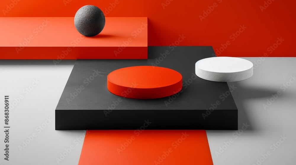 3d render of abstract geometric forms. Glossy black podium on red and white background. 3d render of abstract geometric forms. Glossy black podium on red and white background.