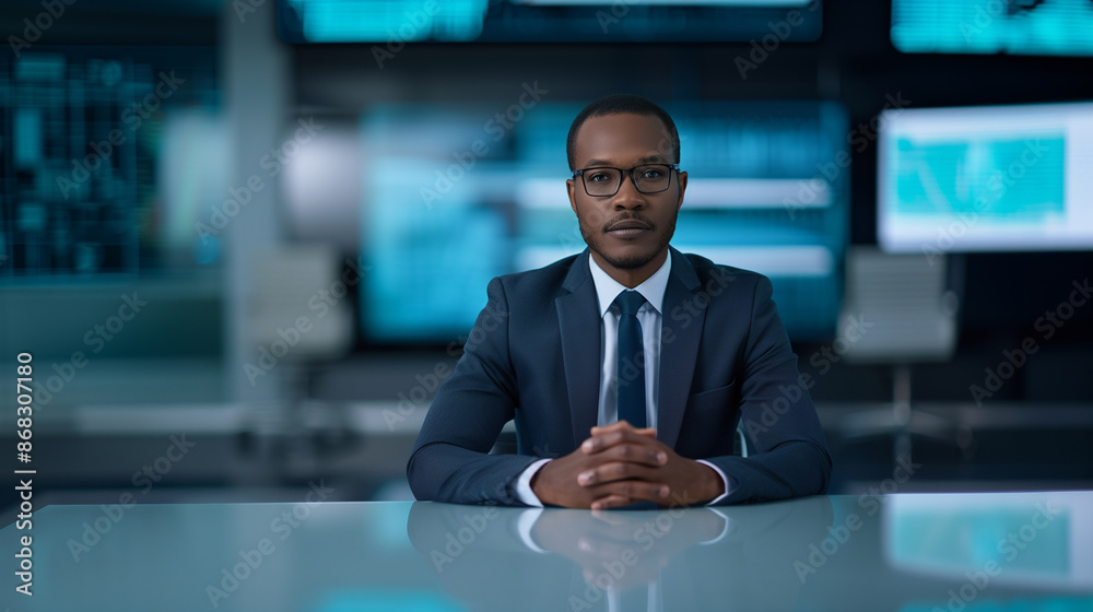 African American male news anchor in a high-tech studio, surrounded by screens displaying vibrant graphics and news tickers. African American male news anchor in a high-tech studio, surrounded by screens displaying vibrant graphics and news tickers.