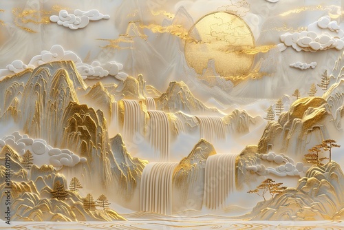 A serene Chinese mountainscape, traditional art
