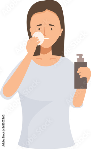 Young woman is removing her makeup using a cotton pad and a bottle of lotion