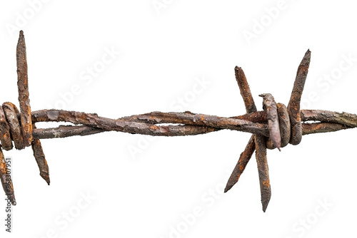 Close-up of rusty barbed wire against a white background, highlighting the texture and aged condition of the metal, symbolizing protection, boundary, and harsh environments.