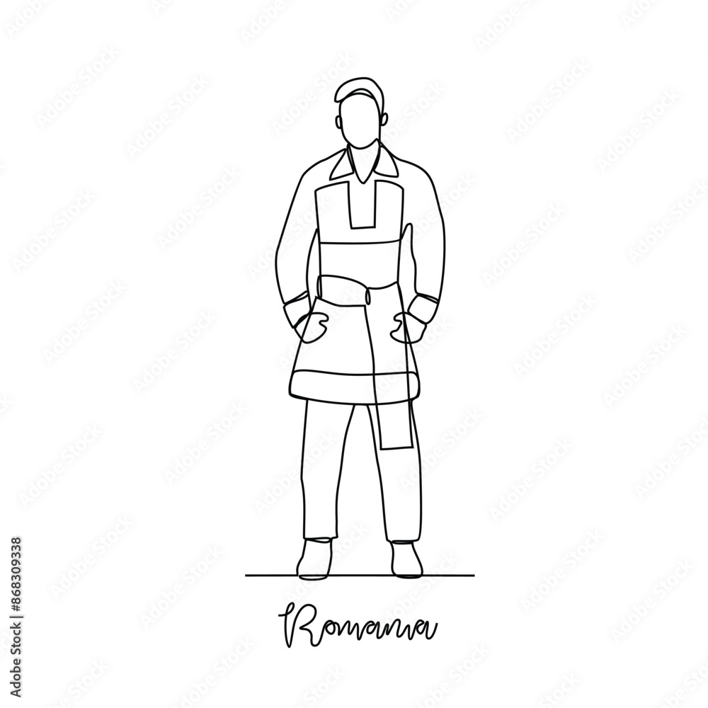 One continuous line drawing of Romania traditional clothes vector illustration. Traditional fashion country themes design with simple linear continuous line concept. Traditional fashion education One continuous line drawing of Romania traditional clothes vector illustration. Traditional fashion country themes design with simple linear continuous line concept. Traditional fashion education