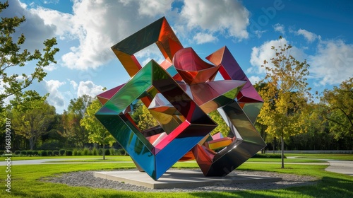 A large sculpture made of metal and glass is displayed in a park