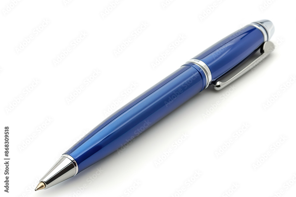 Elegant blue pen with a sleek design and silver accents, isolated on a white background, ideal for office supplies, writing instruments, and professional tools, showcasing both functionality and style Elegant blue pen with a sleek design and silver accents, isolated on a white background, ideal for office supplies, writing instruments, and professional tools, showcasing both functionality and style