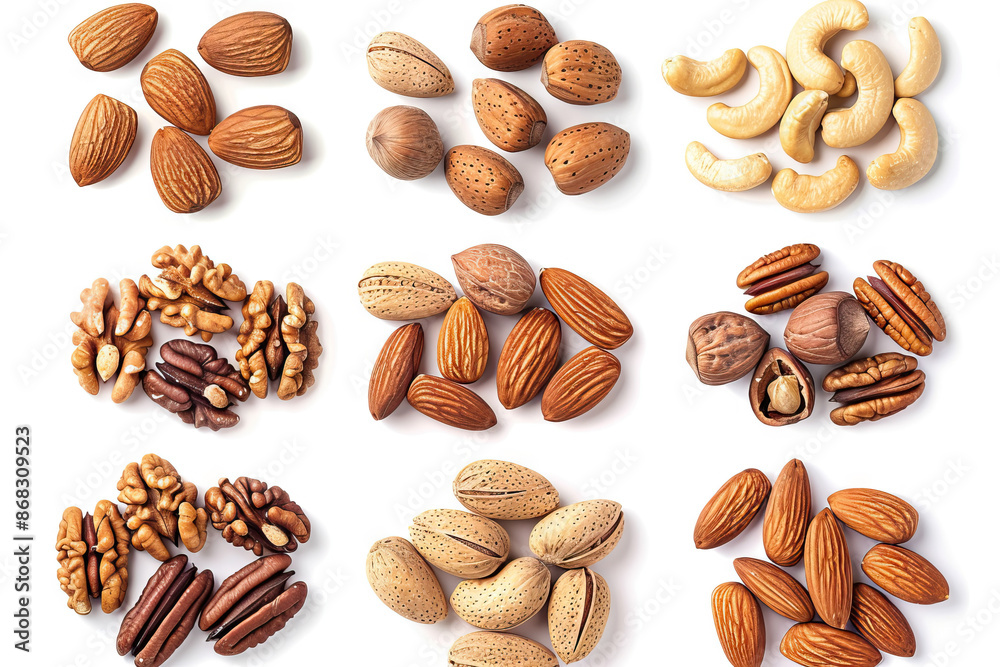 A comprehensive display of various nuts arranged in neat groups, including almonds, walnuts, pecans, and cashews, on a white background, ideal for health food promotions and dietary education. A comprehensive display of various nuts arranged in neat groups, including almonds, walnuts, pecans, and cashews, on a white background, ideal for health food promotions and dietary education.