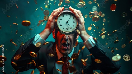 Businessman holding a clock with a distressed expression surrounded by flying coins, symbolizing time and money pressure.