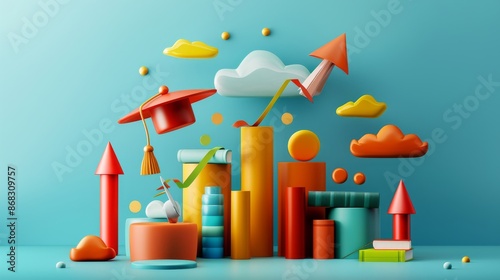 Colorful abstract 3D illustration representing growth and education concepts with charts, clouds, and a graduation cap.