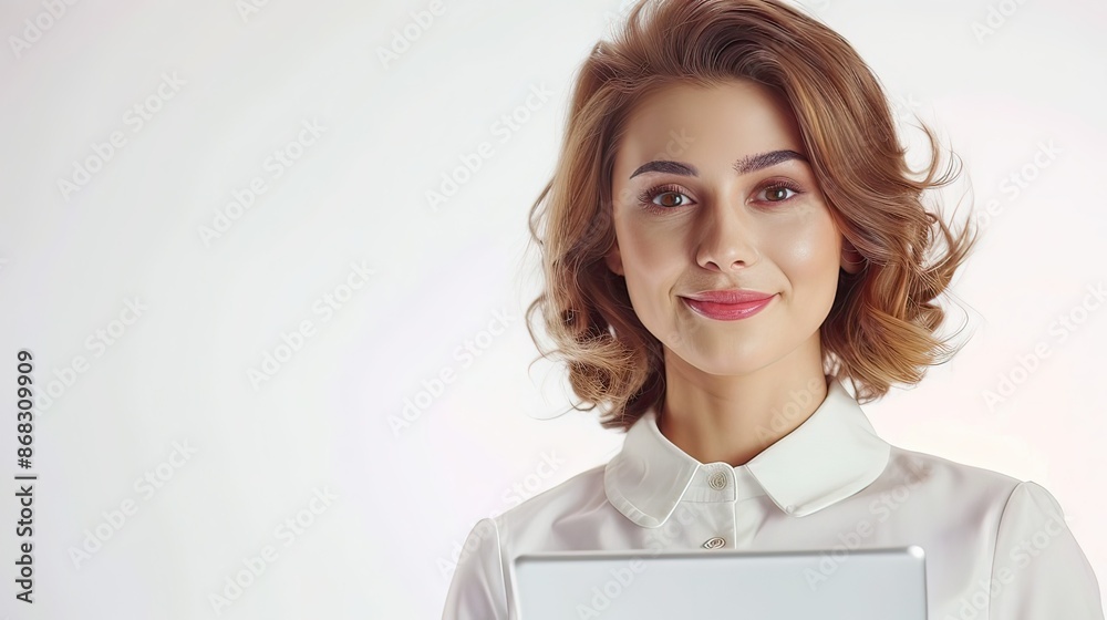 Portrait of hostess with tablet on white background stock photo Portrait of hostess with tablet on white background stock photo