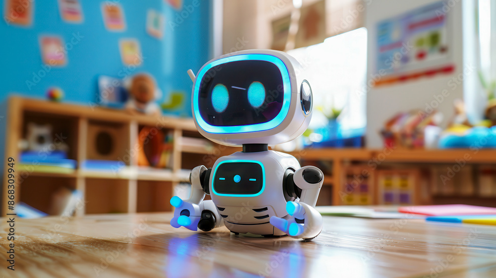 Small cute educational robot in the classroom, assisting the teacher ...