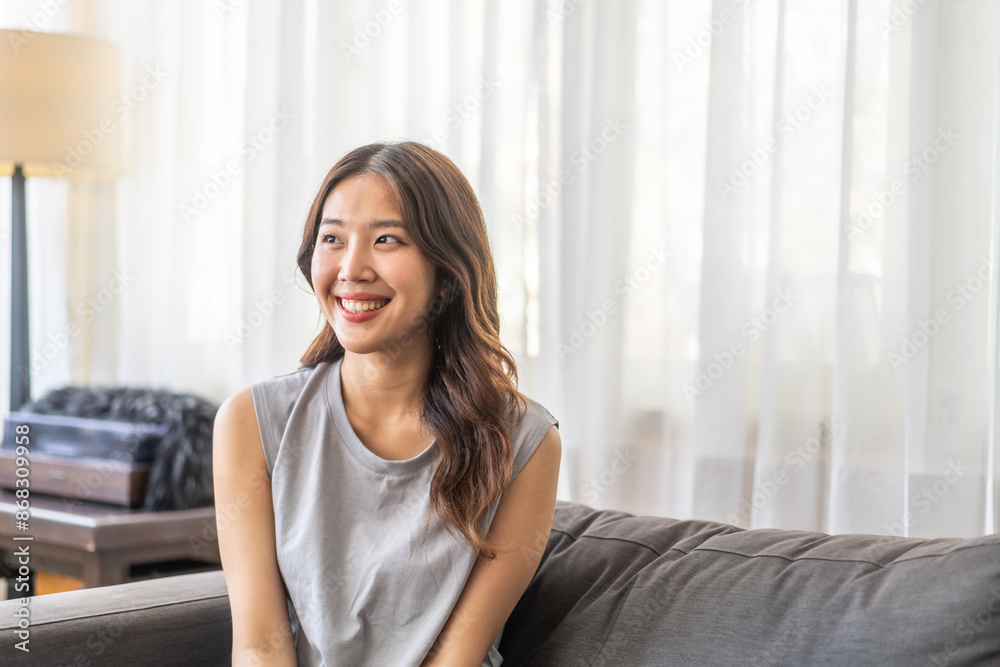 Portrait of smiling beautiful pretty asian woman clean fresh healthy white skin posing smile in pajamas white clothes, skincare, lady, model, cosmetic, fashion.Girl relax, enjoy at home.asia beauty