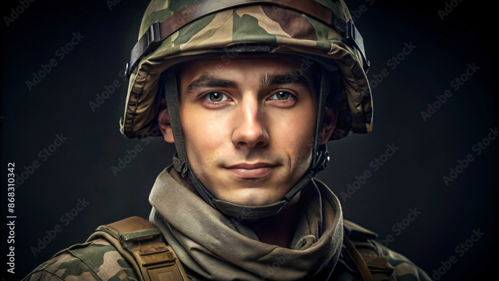 A man soldier in camouflage uniform and cap stares ahead
