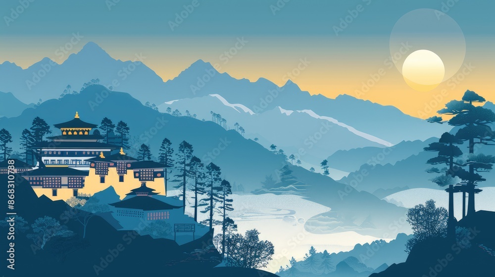 Fototapeta Beautiful Mountain and Cottage Landscape Illustration