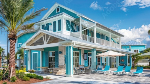 coastal clubhouse with Bahama shutters in vibrant teal, complementing the energetic beach activities