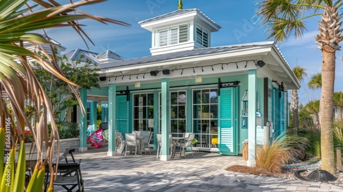 coastal clubhouse with Bahama shutters in vibrant teal, complementing the energetic beach activities